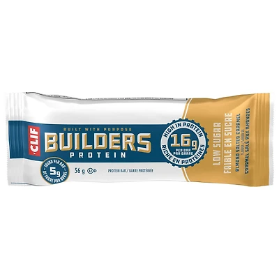 CLIF BUILDERS Low Sugar Protein Bars, Almond Salted Caramel Flavour, 16g of Protein per bar, Low Sugar, No Artificial Sweeteners