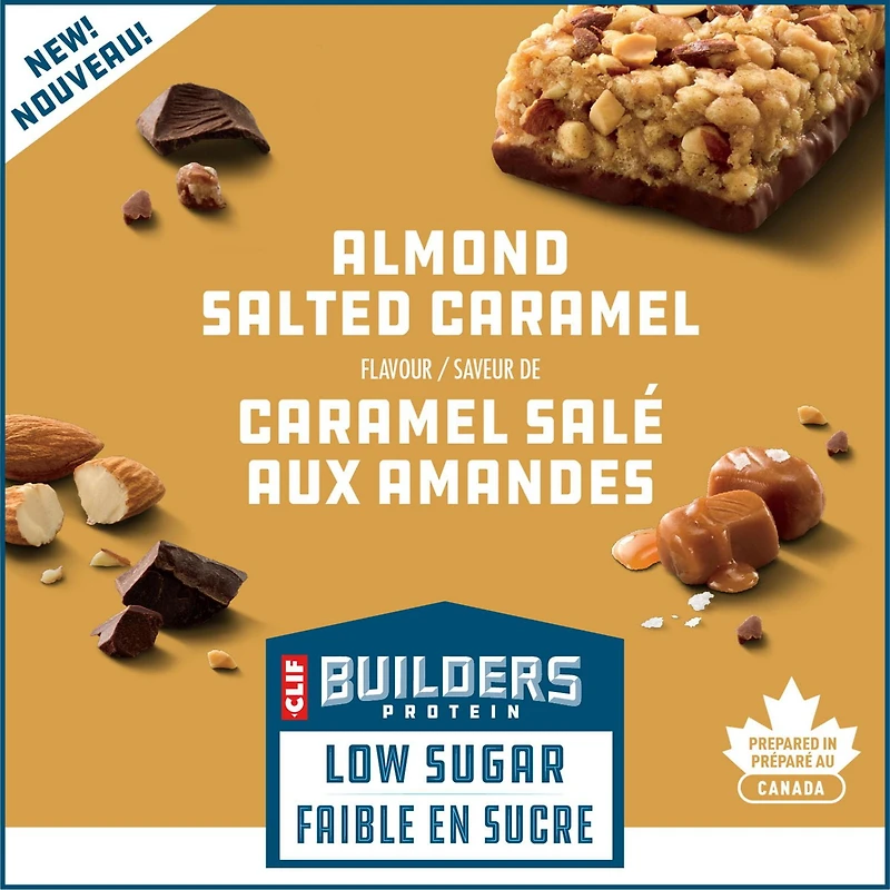 CLIF BUILDERS Low Sugar Protein Bars, Almond Salted Caramel Flavour, 16g of Protein per bar, Low Sugar, No Artificial Sweeteners