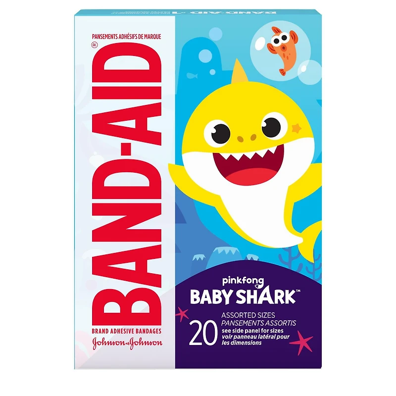 Pansements adhésifs de marque Band-Aid® Baby Shark, pour les coupures et égratignures mineures chez les enfants assortiment de 20