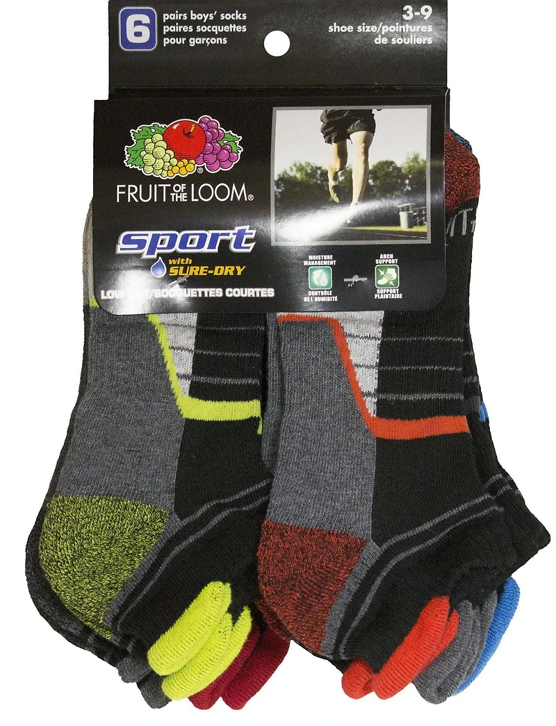 Fruit of the Loom Boys' Sport Low Cut Tabs Socks - 6 Pairs