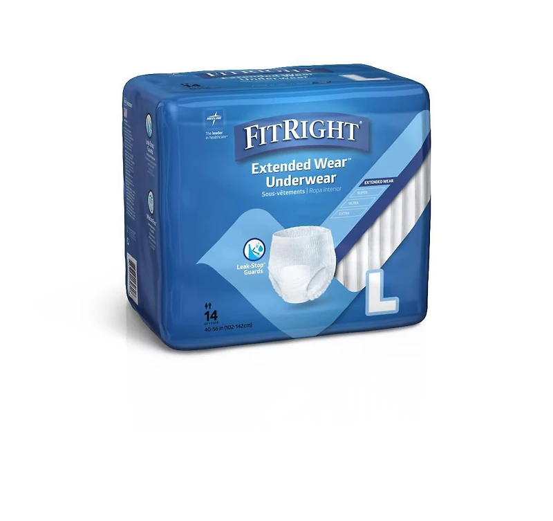 FitRight Extended Wear Night Protective Underwear, Size Large, For Waist Size 40"to 56", Bag of 14