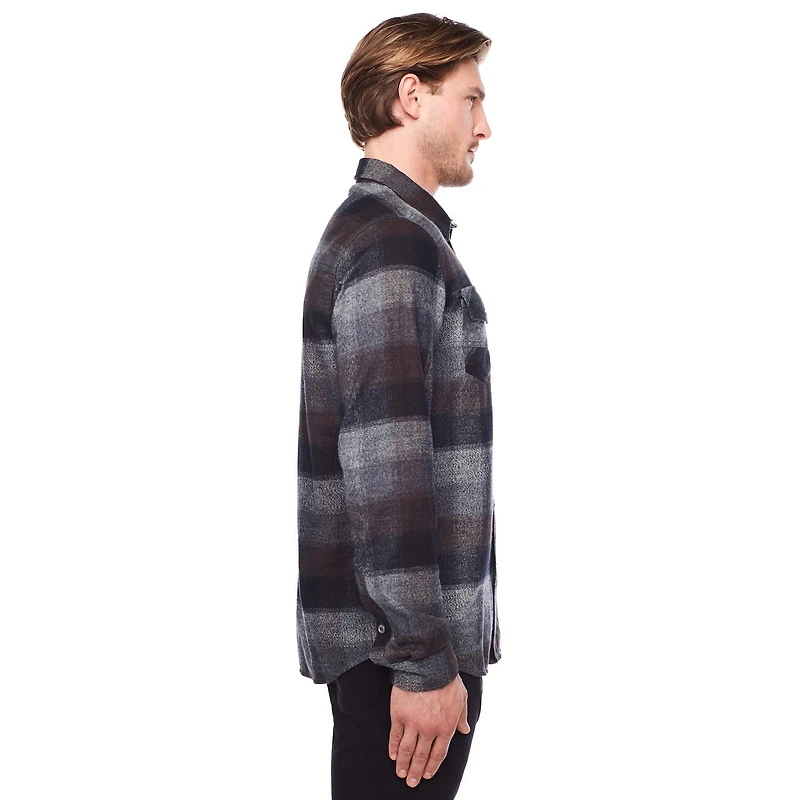 Dark Black Men's Long-Sleeve Plaid Button-Down Shirt with Pockets