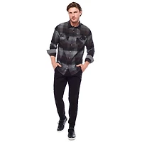 Dark Black Men's Long-Sleeve Plaid Button-Down Shirt with Pockets