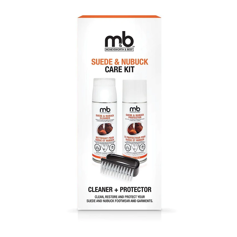 Moneysworth & Best Suede + Nubuck Care Kit, 3PCS - Protector 160g/5.6oz, Cleaner 155g/5.5oz, and Nylon Brush, For Footwear & Garments