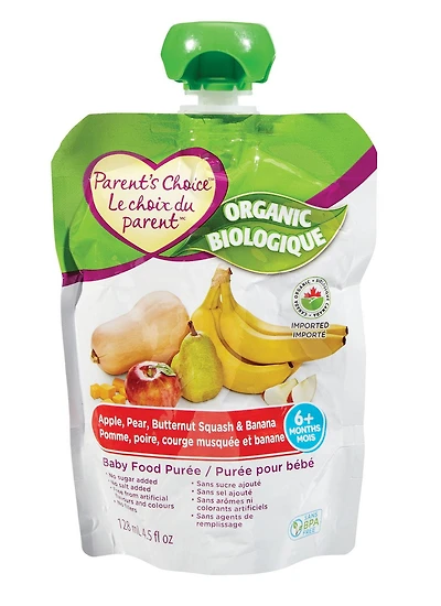 Purée biologique pour bébé Le Choix du Parent à saveur de pomme, poire, courge musquee et banane 128 ml
