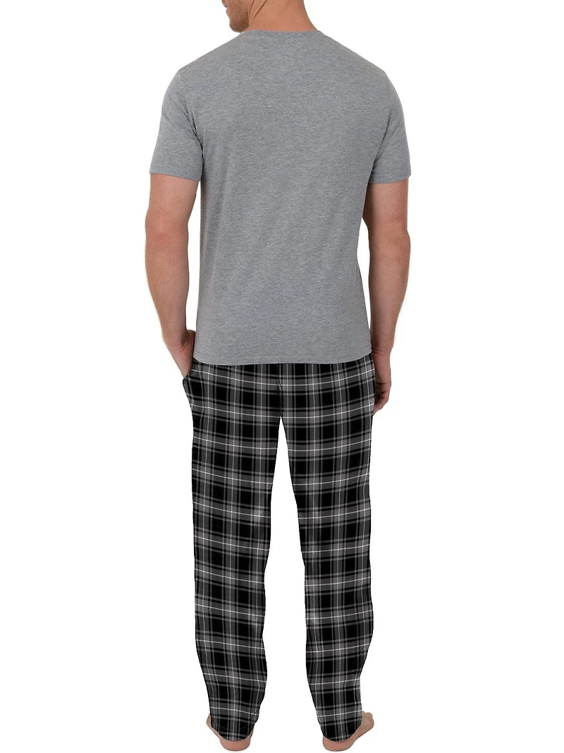 Fruit of the Loom Men's Sleep Set Crew Neck Top and Fleece Pant 2 Piece Pajama Set Grey