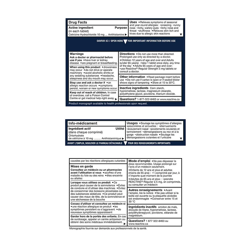 Reactine Extra Strength Antihistamine Tablets -  10mg Cetirizine Hydrochloride - 24 Hour Allergy Relief Medicine, 10 Count