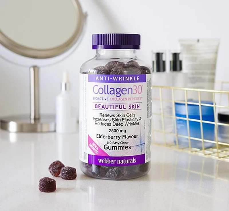 Webber Naturals Collagen30® Bioactive Collagen Peptides 2500 mg Elderberry <br>Gummies, Promotes the appearance of smooth, healthy-looking skin, 110 Gummies