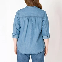 Devoted Women's Plus Washed Pocket Denim Shirt