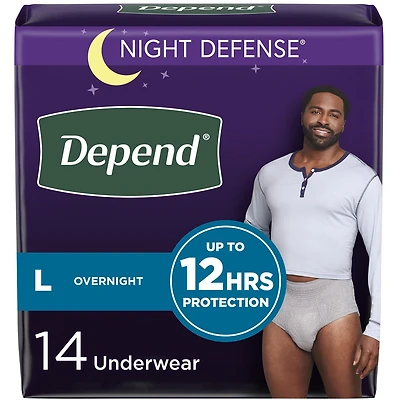 Sous-vêtement d’incontinence pour adultes Depend Night Defense pour hommes, jetables, de nuit, P - TG, gris, (l’emballage peut différer). 12-16 Unites