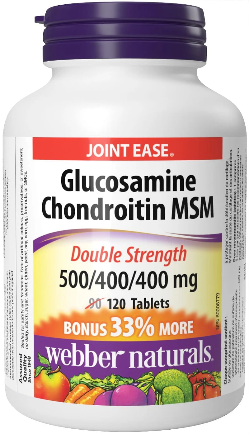 Webber Naturals Glucosamine chondroïtine MSM Double concentration,  500/400/400 mg 120 comprimés, PRIME ! 33 % de plus