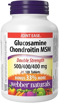 Webber Naturals Glucosamine chondroïtine MSM Double concentration,  500/400/400 mg 120 comprimés, PRIME ! 33 % de plus