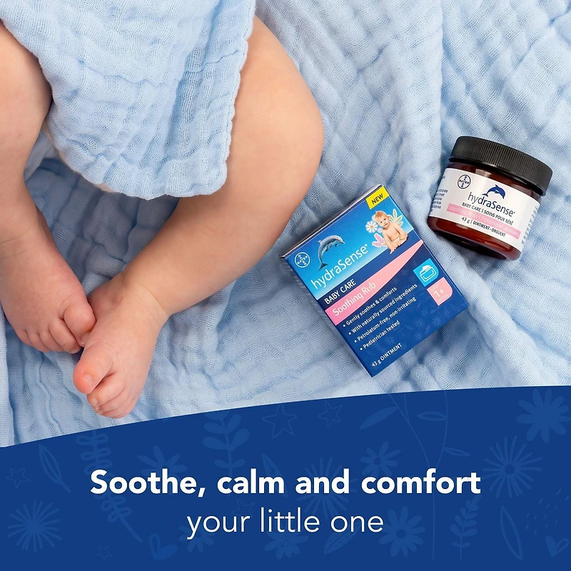Pommade apaisante pour bébé hydraSense – apaise et réconforte en douceur; sans gelée de pétrole; non irritant; avec ingrédients de source naturelle : eucalyptus, lavande et camomille; testée par des pédiatres. 43 g