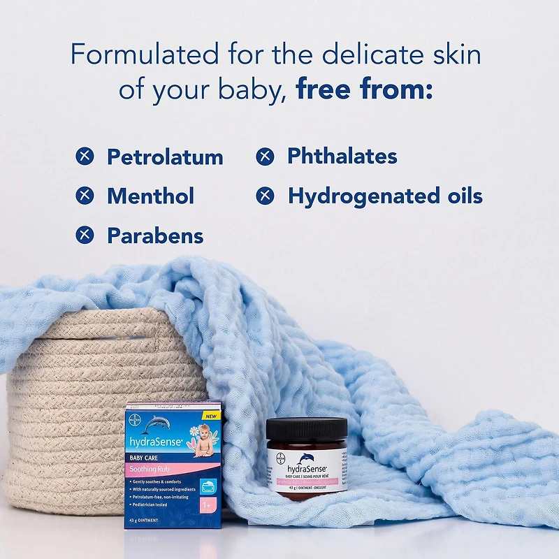 Pommade apaisante pour bébé hydraSense – apaise et réconforte en douceur; sans gelée de pétrole; non irritant; avec ingrédients de source naturelle : eucalyptus, lavande et camomille; testée par des pédiatres. 43 g