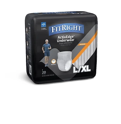 FitRight ActiveEdge Ultra Incontinence Underwear for Men, Size L/XL, For Waist Size 40"-56", Bag of 20