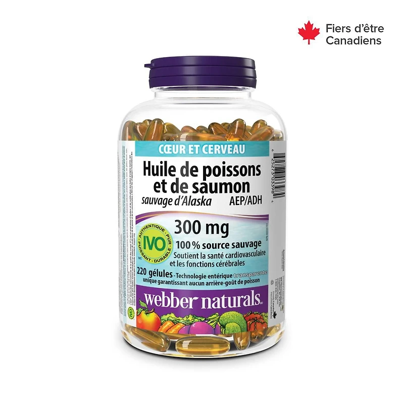 Webber Naturals® Wild Alaskan Salmon & Fish Oil, 300 mg EPA/DHA, Supports Heart and Brain, 220 Clear Enteric Softgels