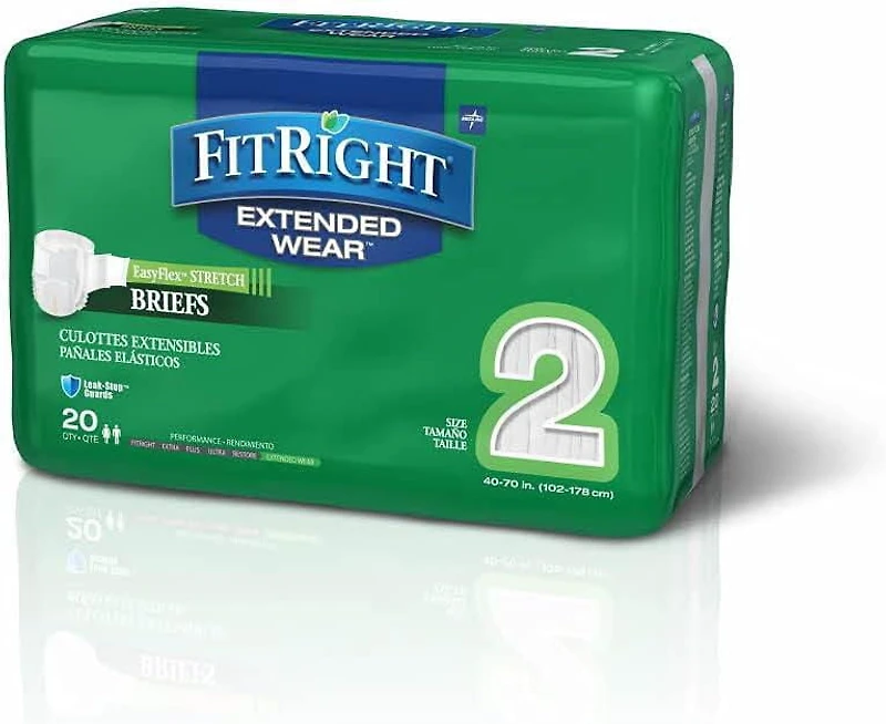 FitRight Stretch Extended Wear Night Briefs, Size 2, For Waist 40"-70", Bag of 20