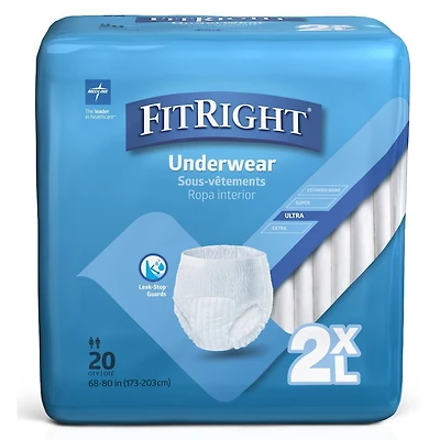 FitRight Heavy Absorbency Protective Underwear, Size 2XL, For Waist Size 68"-80",  Bag of 20