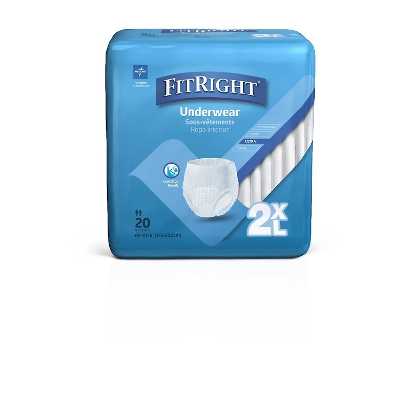 Sous-vêtements de protection FitRight à forte absorption, taille 2XL, pour tour de taille 68"-80", sac de 20