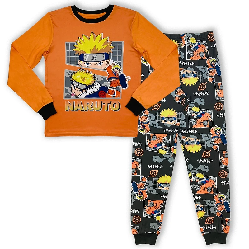 Naruto Boy's pj set. This boy's 2 piece pj set has a long sleeve crew neck along with long pant with elastic waist band and
