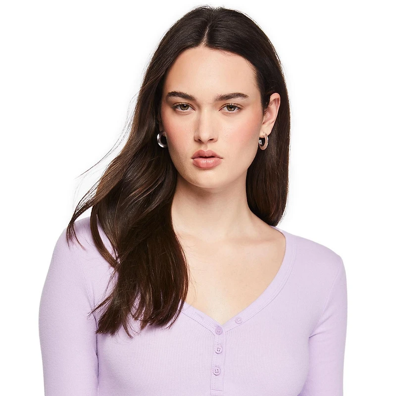 No Boundaries Women's Long-Sleeve Sleep Henley T-Shirt