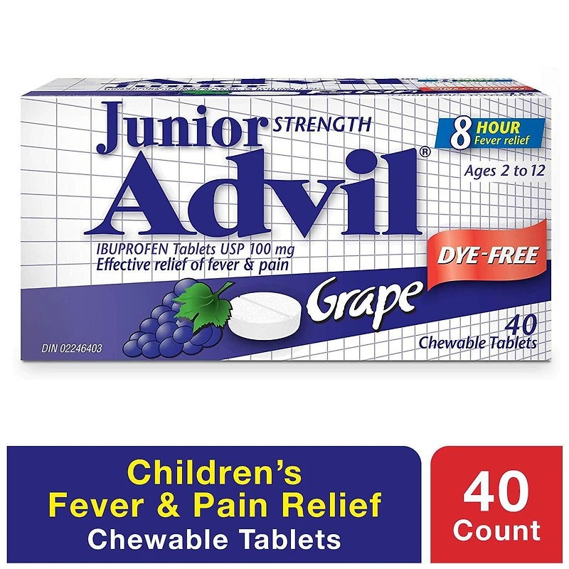 Junior Strength Advil Pain Reliever and Fever Reducer Ibuprofen Chewable Tablets, Grape, 40 Count, 40 count