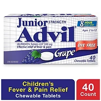 Junior Strength Advil Pain Reliever and Fever Reducer Ibuprofen Chewable Tablets, Grape, 40 Count, 40 count