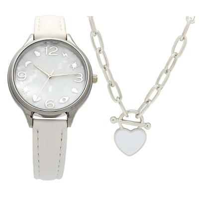 Ladies  white strap Watch and Necklace