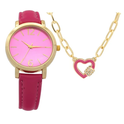 Ladies Pink strap Watch and Necklace