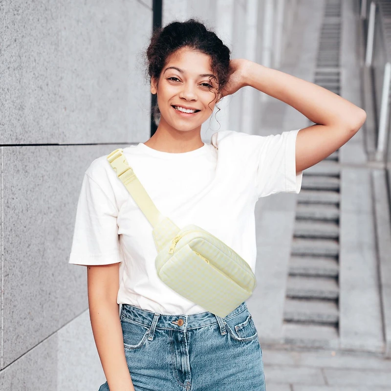 No Boundaries Athleisure Multi Pocket Belt Bag, Adjustable Strap with Buckle, Lightweight, Top and Front Zipper Pockets, Compact Design, Waxed Wing Gingham