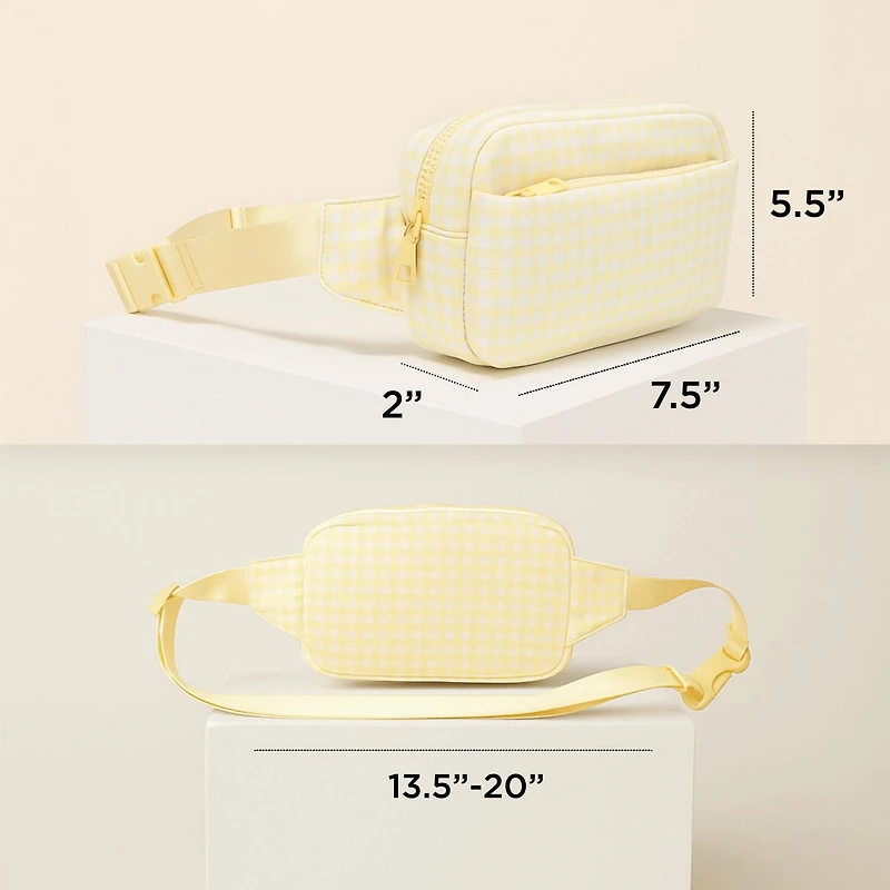 No Boundaries Athleisure Multi Pocket Belt Bag, Adjustable Strap with Buckle, Lightweight, Top and Front Zipper Pockets, Compact Design, Waxed Wing Gingham