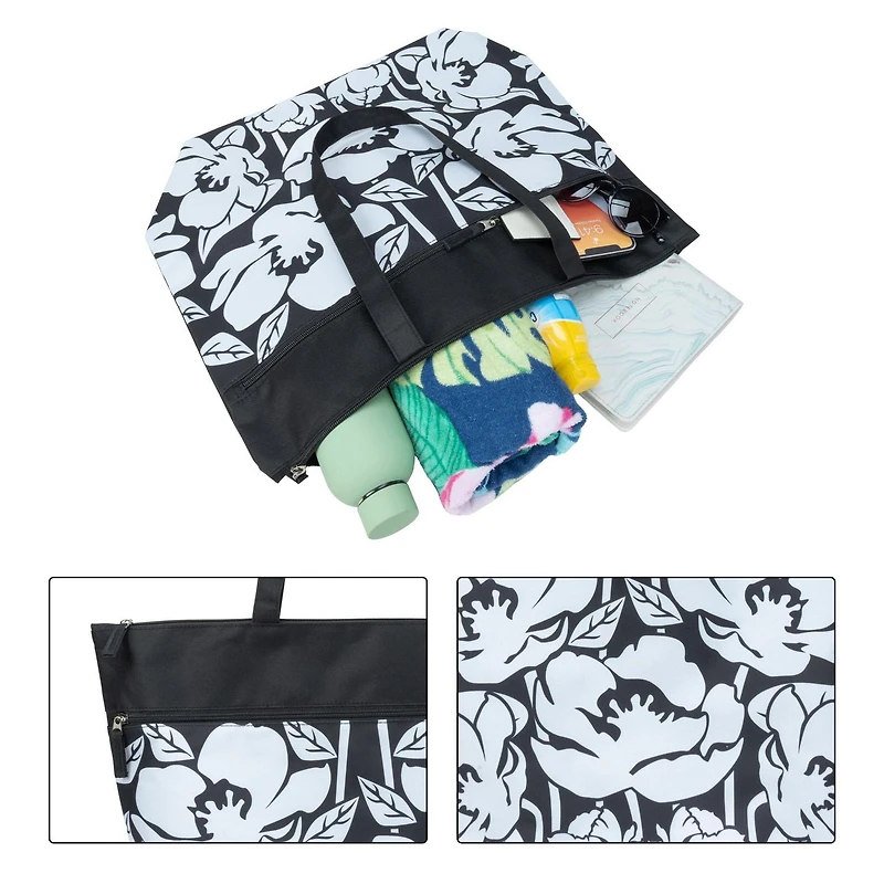Time & Tru Mesh Tote Bag, Large Zipper Top Opening with Inner and Front Pockets, Washable Reusable Design with Shoulder Straps, Stylish Floral Print