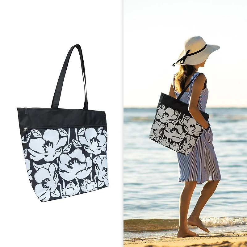 Time & Tru Mesh Tote Bag, Large Zipper Top Opening with Inner and Front Pockets, Washable Reusable Design with Shoulder Straps, Stylish Floral Print