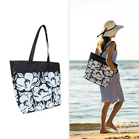Time & Tru Mesh Tote Bag, Large Zipper Top Opening with Inner and Front Pockets, Washable Reusable Design with Shoulder Straps, Stylish Floral Print