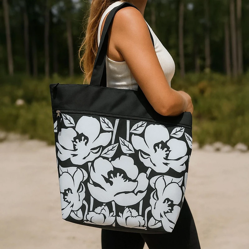 Time & Tru Mesh Tote Bag, Large Zipper Top Opening with Inner and Front Pockets, Washable Reusable Design with Shoulder Straps, Stylish Floral Print