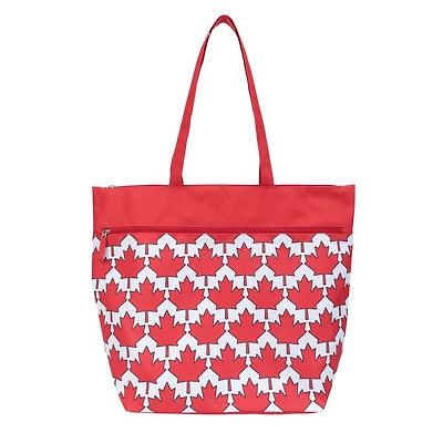 Time & Tru Canada Day Tote Bag, Red and White Print Design, Large Zipper Top Opening with Inner and Front Pockets, Washable Reusable Design with Shoulder Straps