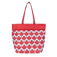 Time & Tru Canada Day Tote Bag, Red and White Print Design, Large Zipper Top Opening with Inner and Front Pockets, Washable Reusable Design with Shoulder Straps