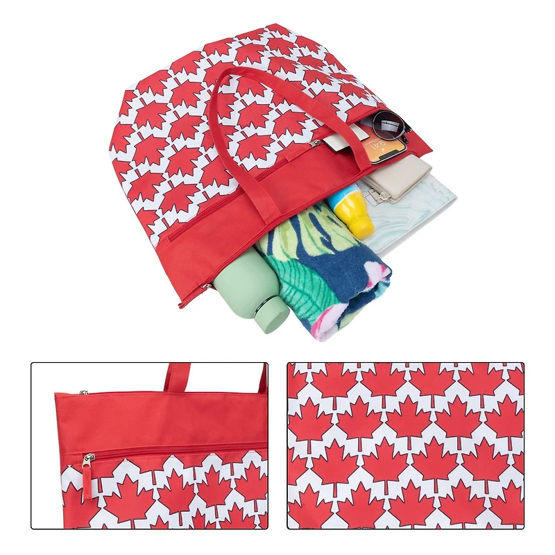 Time & Tru Canada Day Tote Bag, Red and White Print Design, Large Zipper Top Opening with Inner and Front Pockets, Washable Reusable Design with Shoulder Straps
