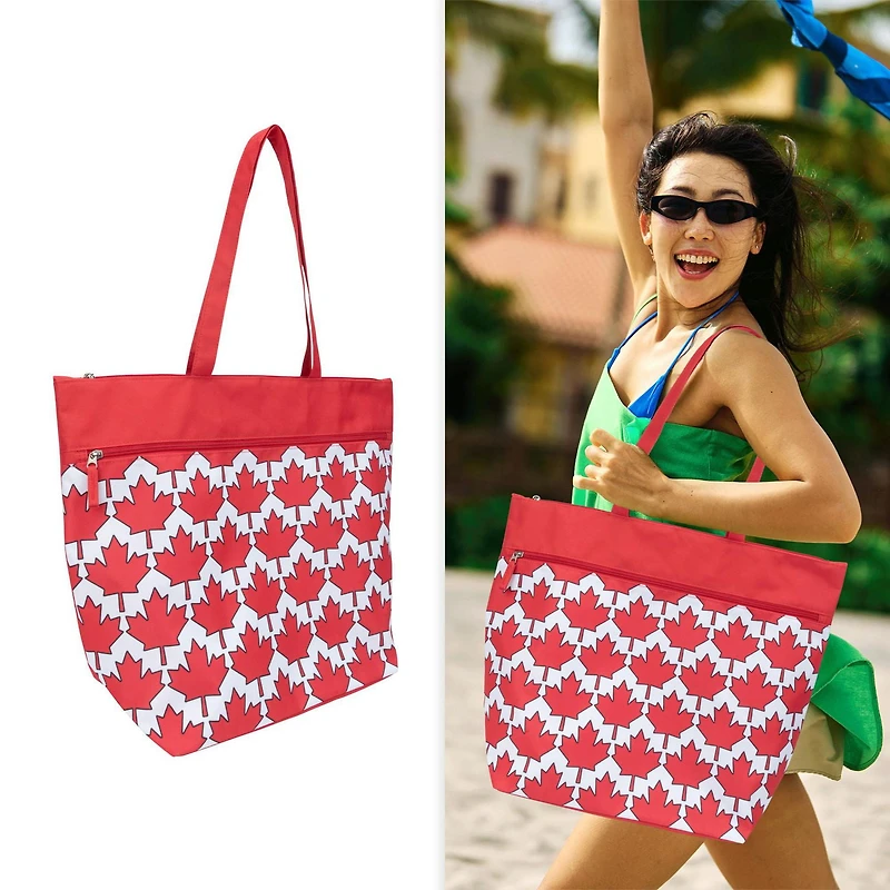 Time & Tru Canada Day Tote Bag, Red and White Print Design, Large Zipper Top Opening with Inner and Front Pockets, Washable Reusable Design with Shoulder Straps