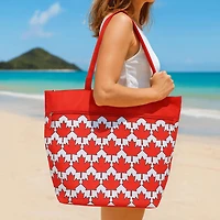 Time & Tru Canada Day Tote Bag, Red and White Print Design, Large Zipper Top Opening with Inner and Front Pockets, Washable Reusable Design with Shoulder Straps