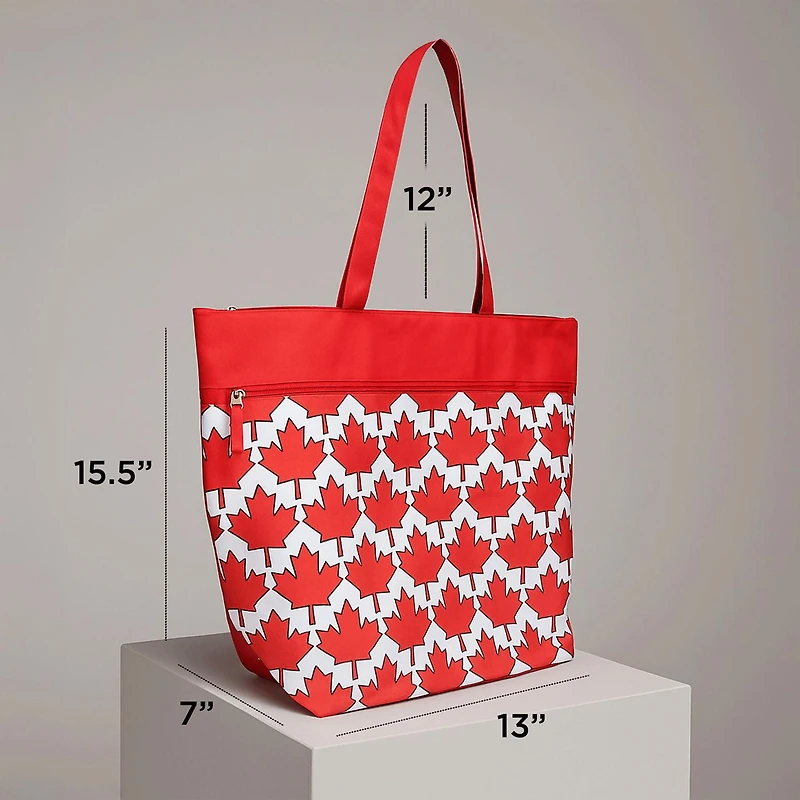 Time & Tru Canada Day Tote Bag, Red and White Print Design, Large Zipper Top Opening with Inner and Front Pockets, Washable Reusable Design with Shoulder Straps