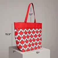 Time & Tru Canada Day Tote Bag, Red and White Print Design, Large Zipper Top Opening with Inner and Front Pockets, Washable Reusable Design with Shoulder Straps
