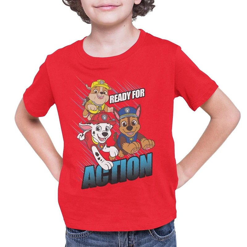 La Pat'Patrouille T-shirt basique garçon. Ce t-shirt à col rond pour garçons a des manches courtes et un imprimé tendance et Tailles TP à TG