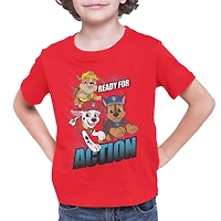 La Pat'Patrouille T-shirt basique garçon. Ce t-shirt à col rond pour garçons a des manches courtes et un imprimé tendance et Tailles TP à TG