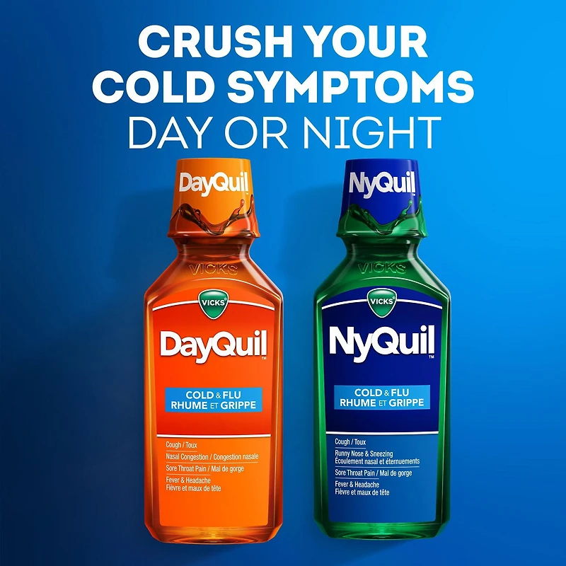 Vicks NyQuil rhume, grippe, soulagement nocturne, maux de tête, fièvre, mal de gorge, courbatures, douleurs mineures, écoulement nasal, toux