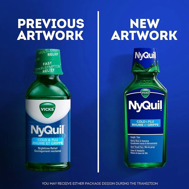 Vicks NyQuil Cold and Flu Symptom Relief Liquid Medicine Multi-Symptom Nighttime Relief for Headache, Fever, Sore Throat Pain, Minor Aches and Pains, Runny Nose and Cough 354ml