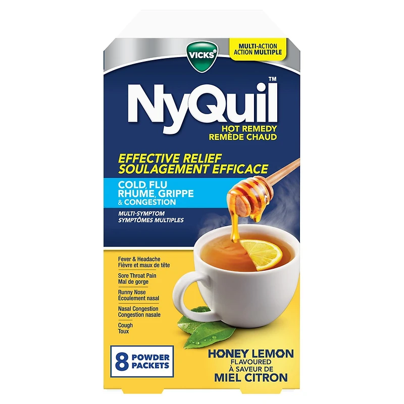 NyQuil Hot Remedy Cold, Flu & Congestion Medicine, Nighttime, Relief for Fever & Headache, Sore Throat Pain, Nasal Congestion, Runny Nose, Cough, Multi-Action, Honey Lemon Flavoured, 8 Powder Packets, 8CT