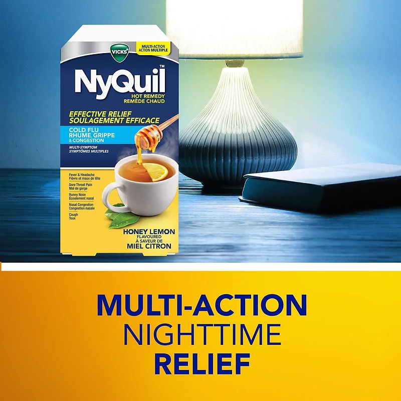 NyQuil Hot Remedy Cold, Flu & Congestion Medicine, Nighttime, Relief for Fever & Headache, Sore Throat Pain, Nasal Congestion, Runny Nose, Cough, Multi-Action, Honey Lemon Flavoured, 8 Powder Packets, 8CT