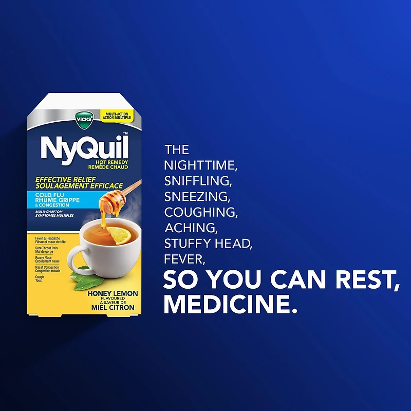NyQuil Hot Remedy Cold, Flu & Congestion Medicine, Nighttime, Relief for Fever & Headache, Sore Throat Pain, Nasal Congestion, Runny Nose, Cough, Multi-Action, Honey Lemon Flavoured, 8 Powder Packets, 8CT