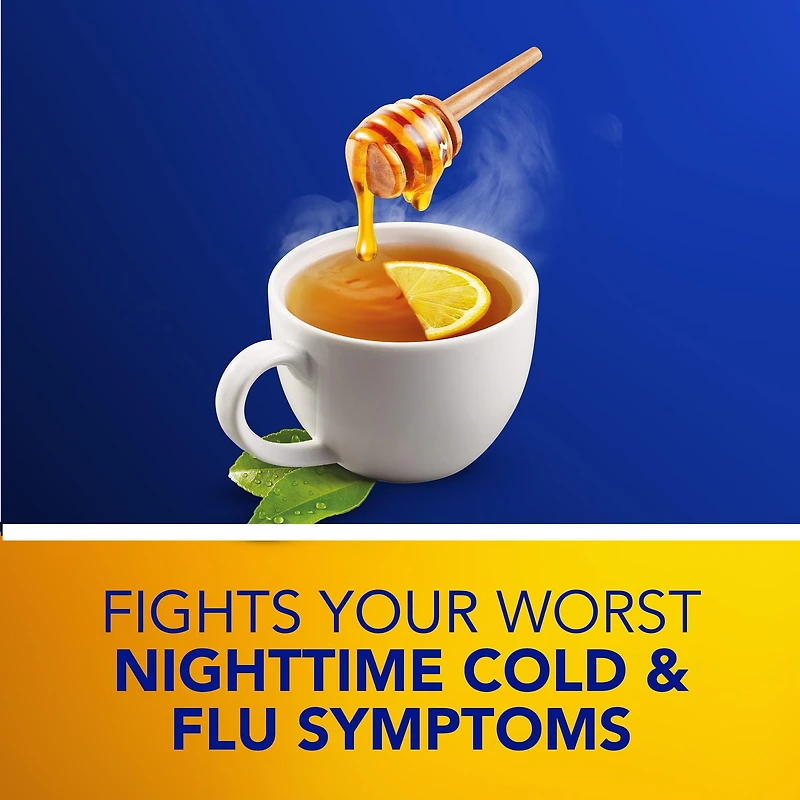 NyQuil Hot Remedy Cold, Flu & Congestion Medicine, Nighttime, Relief for Fever & Headache, Sore Throat Pain, Nasal Congestion, Runny Nose, Cough, Multi-Action, Honey Lemon Flavoured, 8 Powder Packets, 8CT